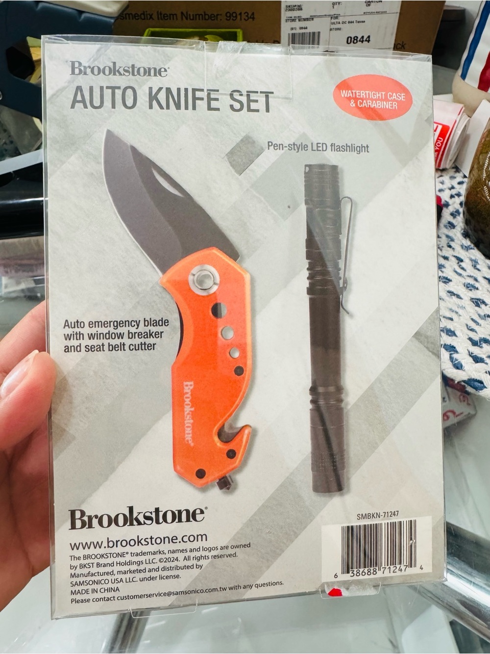 Brookstone Orange Emergency Auto Knife Set with Black Pen-Style Flashlight